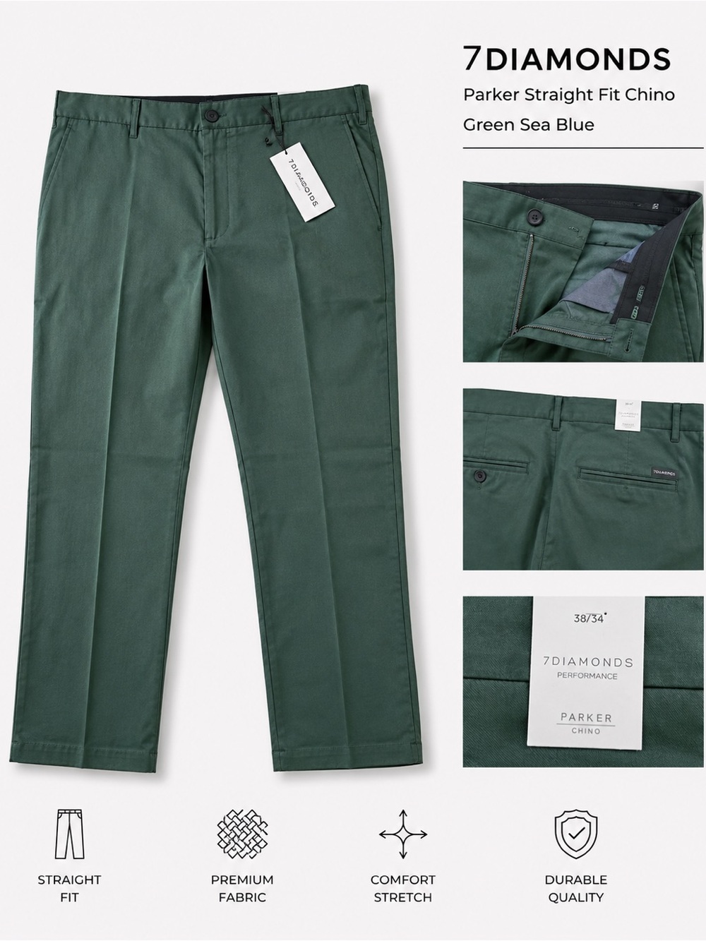 7Diamonds Parker Straight Fit Pants Size 38 Green Sea Blue Performance Chino